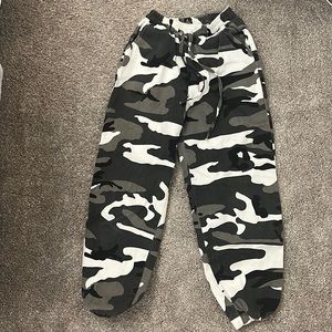 High waisted black and white camo pants